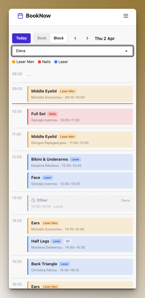 Daily appointment schedule with color-coded services